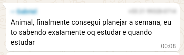 Mensagem de aluno: Animal, finalmente consegui planejar a semana, eu tô sabendo exatamente o que estudar e quando estudar.