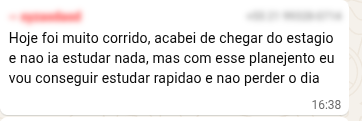 Mensagem de aluno: Hoje foi muito corrido, acabei de chegar do estágio e não ia estudar nada, mas com esse planejamento eu vou conseguir estudar rapidão e não perder o dia.
